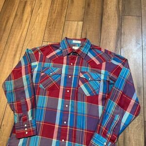 Vintage J.J. Cochran Plaid Western Button Down‎ Shirt Men's Large Pearl Snap